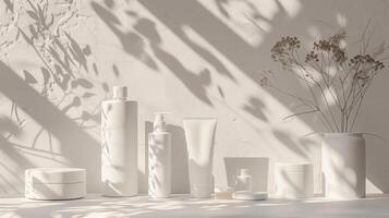Beauty products on a podium in a clay colored background. photo