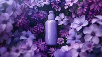 A cream bottle on a flower bed full of darker and light purple flowers. photo