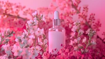 A white serum in pink background with flowers. photo