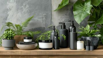 A wooden shelf with cosmetic bottles against the background of concrete walls. photo