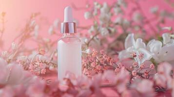 A white serum in pink background with flowers. photo