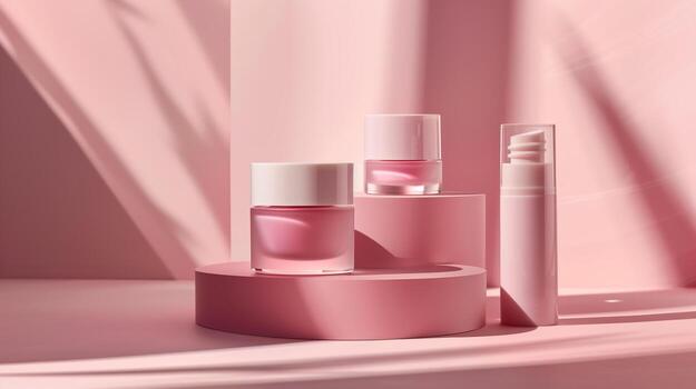 A minimalist product photo of a matching beauty range in rose pink background.