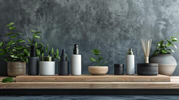 A wooden shelf with cosmetic bottles against the background of concrete walls. photo