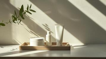 A mockup of white and black skincare tubes on a wooden tray. photo