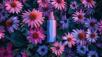 A cream bottle on a flower bed full of darker and light purple flowers. photo