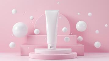 A pink pastel background with spheres and tubes for a cosmetic mockup. photo