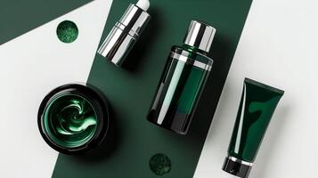 un oscuro verde y blanco antecedentes con belleza productos foto