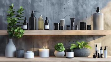 A wooden shelf with cosmetic bottles against the background of concrete walls. photo