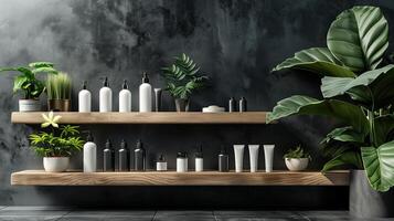 A wooden shelf with cosmetic bottles against the background of concrete walls. photo