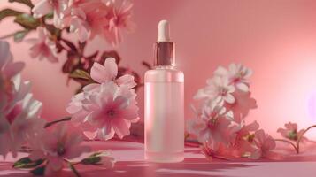 A white serum in pink background with flowers. photo