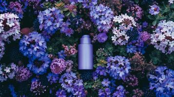 A cream bottle on a flower bed full of darker and light purple flowers. photo