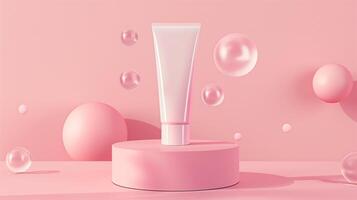 A pink pastel background with spheres and tubes for a cosmetic mockup. photo