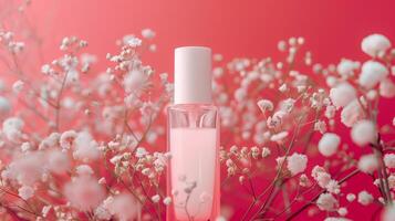 A white serum in pink background with flowers. photo