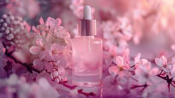 A white serum in pink background with flowers. photo