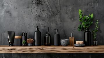 A wooden shelf with cosmetic bottles against the background of concrete walls. photo