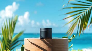 A matte black jar on an elegant wooden podium in front of the ocean with palm leaves. photo