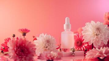 A white serum in pink background with flowers. photo