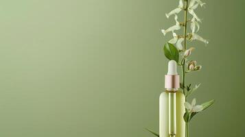 A bottle of face oil is placed on top, a flower hanging by it, against a green background. photo