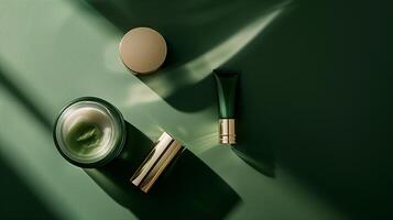 A dark green background with skincare products placed on it, surrounded by sunlight. photo