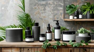 A wooden shelf with cosmetic bottles against the background of concrete walls. photo