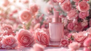 A bottle of perfume surrounded by blooming flowers. photo