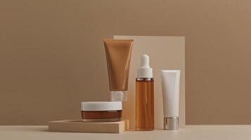 A variety of beauty products on a minimalistic beige background. photo