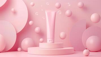 A pink pastel background with spheres and tubes for a cosmetic mockup. photo