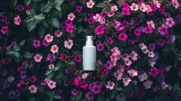 A cream bottle on a flower bed full of darker and light purple flowers. photo