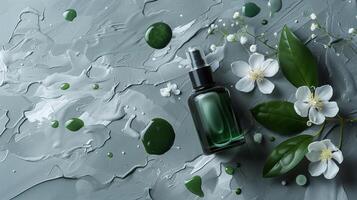 Top view of a dark green cosmetic liquid product with white flowers and leaves on a gray background. photo