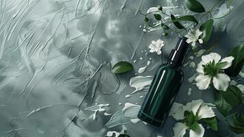 Top view of a dark green cosmetic liquid product with white flowers and leaves on a gray background. photo