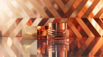 A high-end cosmetic product photograph featuring, placed against an abstract background with geometric patterns. photo