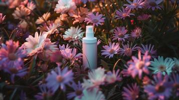 A cream bottle on a flower bed full of darker and light purple flowers. photo