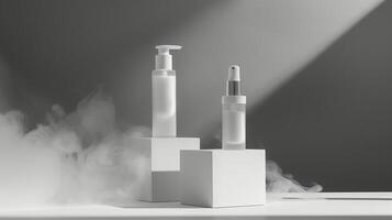 Minimalistic skincare in white and transparent plastic bottles surrounded by foggy. photo