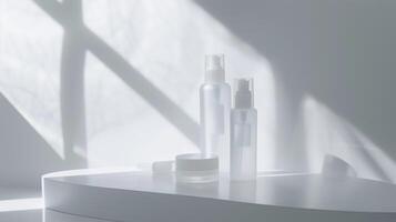 Minimalistic skincare in white and transparent plastic bottles surrounded by foggy. photo