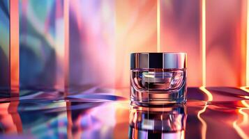 A high-end cosmetic product photograph featuring, placed against an abstract background with geometric patterns. photo