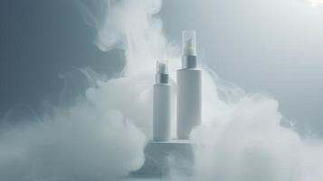 Minimalistic skincare in white and transparent plastic bottles surrounded by foggy. photo