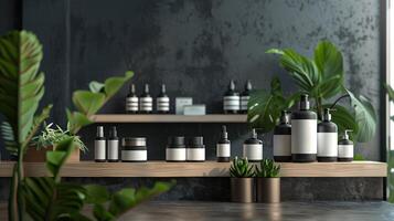 A wooden shelf with cosmetic bottles against the background of concrete walls. photo