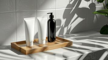 A mockup of white and black skincare tubes on a wooden tray. photo