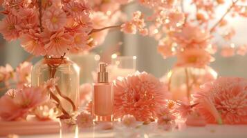 A bottle of perfume surrounded by blooming flowers. photo