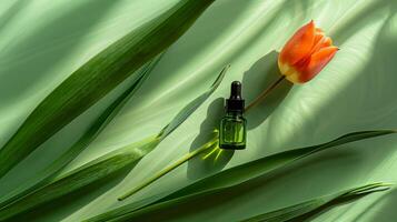 A bottle of green oil is placed on the long leaves, with an orange tulip next to it. photo