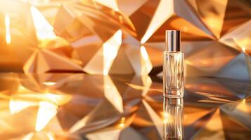 A high-end cosmetic product photograph featuring, placed against an abstract background with geometric patterns. photo