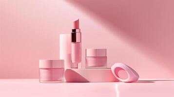 A minimalist product photo of a matching beauty range in rose pink background.