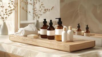 A mockup of white and black skincare tubes on a wooden tray. photo