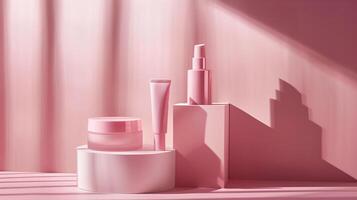 A minimalist product photo of a matching beauty range in rose pink background.