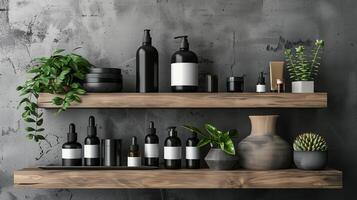 A wooden shelf with cosmetic bottles against the background of concrete walls. photo