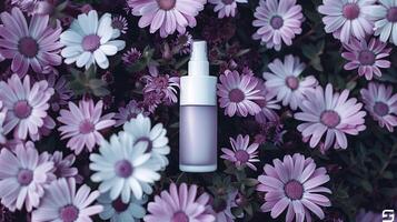 A cream bottle on a flower bed full of darker and light purple flowers. photo