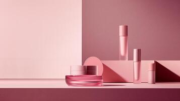 A minimalist product photo of a matching beauty range in rose pink background.