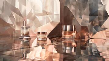 A high-end cosmetic product photograph featuring, placed against an abstract background with geometric patterns. photo