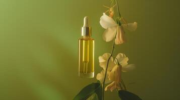 A bottle of face oil is placed on top, a flower hanging by it, against a green background. photo