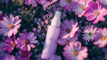 A cream bottle on a flower bed full of darker and light purple flowers. photo